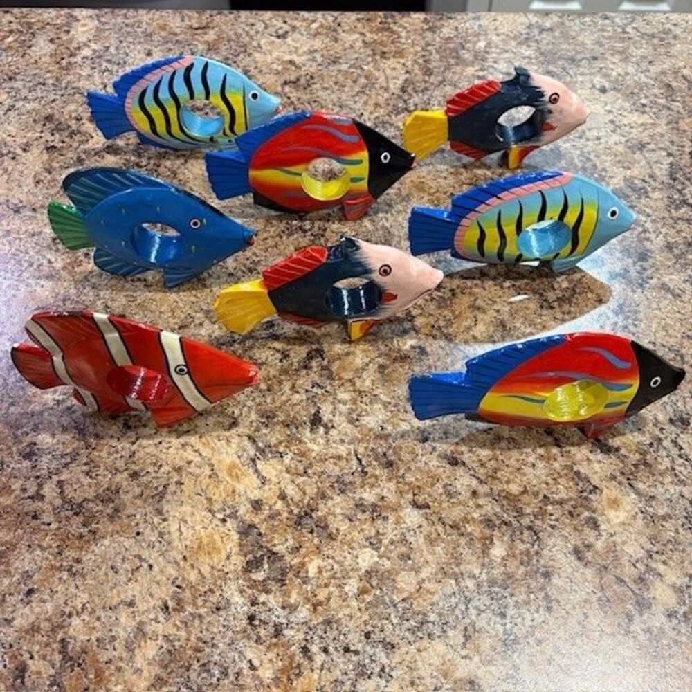 Set of 8 Wooden Painted Tropical Fish Napkin Holder Rings